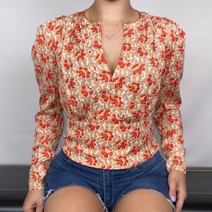 JOIE‎ Floral Long Sleeve Puff Button Blouse